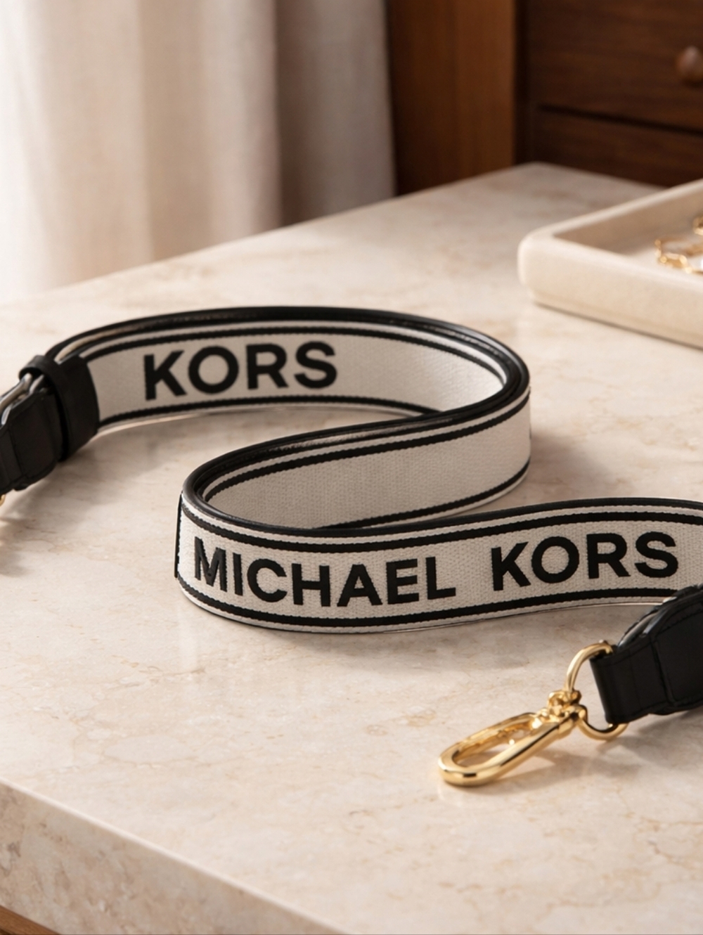 Michael Kors Ivory and Black Canvas Logo Strap with Gold Hardware